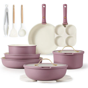 CAROTE 7 pcs Pots and Pans Set, Nonstick Cookware Set Detachable Handle, Induction Kitchen Cookware Sets Non Stick with Removable Handle, RV Cookware Set, Gold and Purple