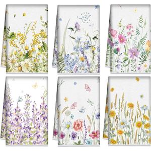 Redbaker 6 Pcs Floral Kitchen Towels Wildflower Print Dish Towels for Kitchen Absorbent Flower Butterfly Hand Decorative Set for Spring Holiday Bathroom Housewarming Gift(Classic Color,Flower)
