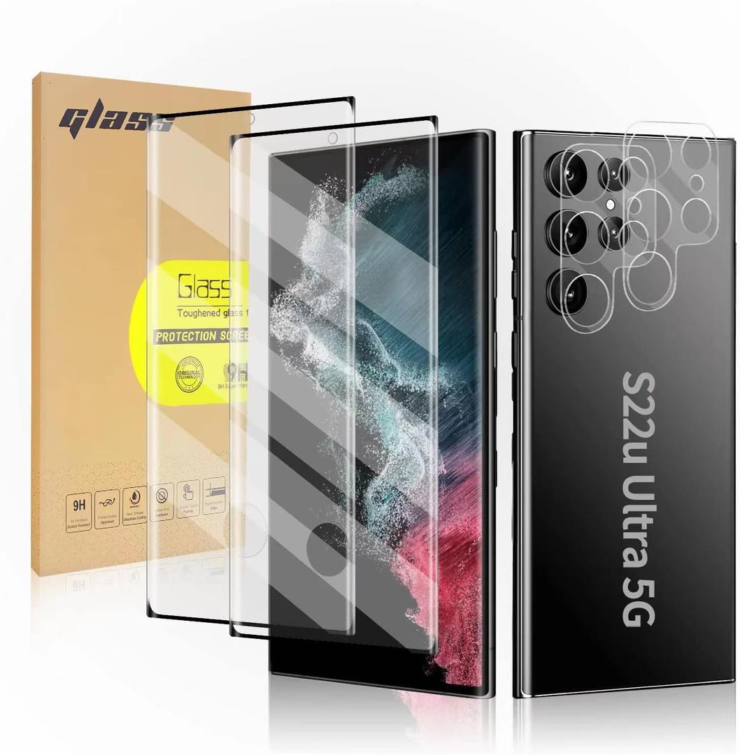 [2+2 Pack] Galaxy s22 Ultra Tempered Glass Screen Protector + Camera Lens Protector,3D Curved, Support Fingerprint for Samsung Galaxy s22 Ultra 5G