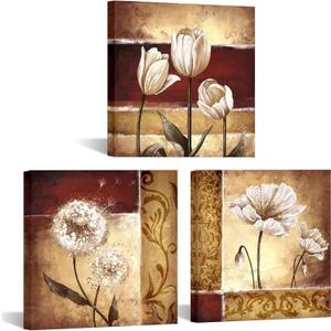DuoBaorom Red Brown Flower Canvas Wall Art Dandelion Tulip Poppy Picture Burdeny 12x12inchx3pcs