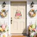 Wooden Easter Wreaths for Front Door Happy Easter Sign Hollow Bunny Sign Rabbit Spring Door Decoration, Colorful Flower Egg Welcome Hanging for Home Porch Window Wall Decor Party Indoor Outdoor