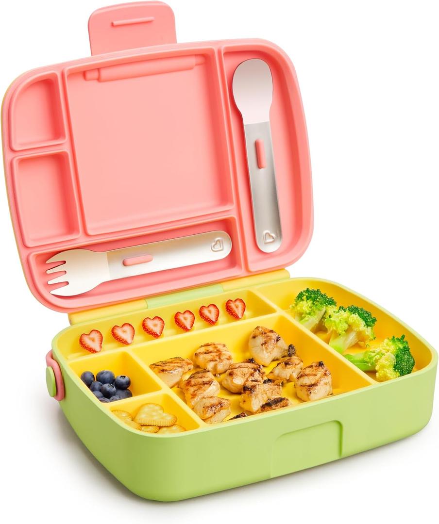 Munchkin Lunch Bento Box for Kids and Toddlers, Includes Stainless Steel Utensils, BPA-Free, 18 Months and Up, Pink/Green/Yellow