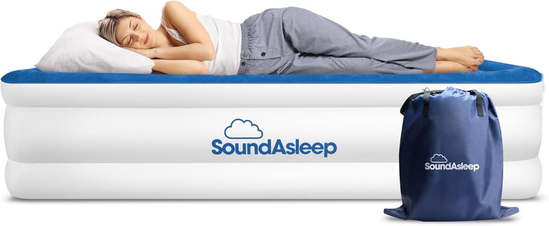 SoundAsleep Products Dream Series Luxury Air Mattress, ComfortCoil Technology, Built-in High Capacity Pump for Home, Camping- Double Height, Adjustable, Inflatable Blow Up, Portable (Twin Size) (Blue)
