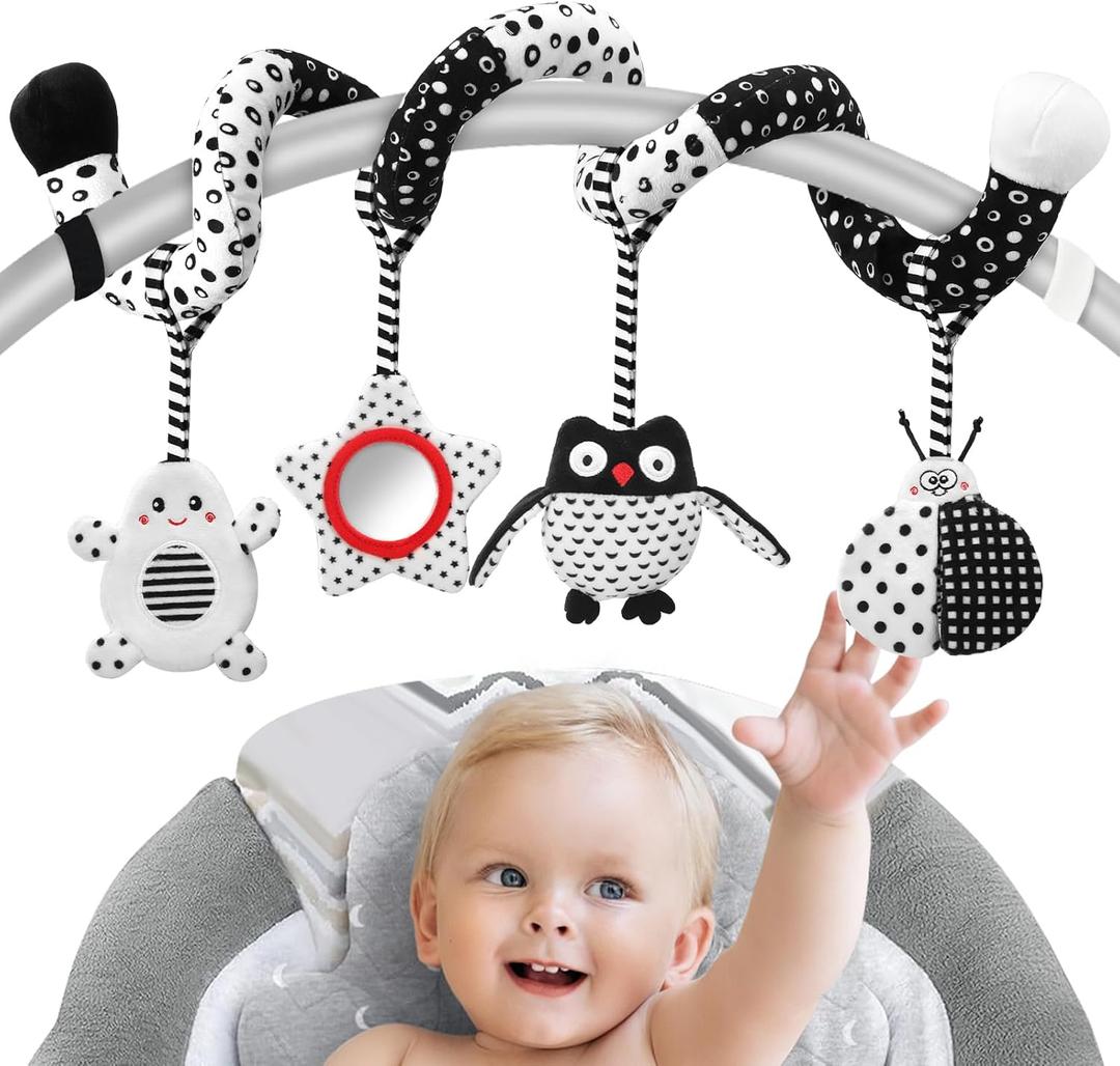 High Contrast Baby Toys - Black & White Hanging Toys for Car Seat, Stroller & Crib | Newborn Essentials 0-6 Months | Perfect (Owl)