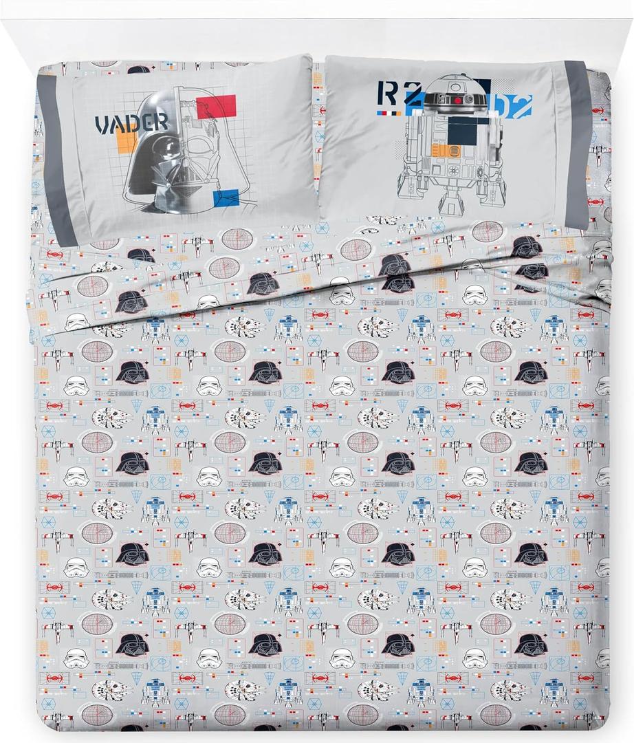 Jay Franco Kids Sheet Set with Fitted, Flat Sheets & Pillow Cover - Ultra-Soft Bedding with Pillowcase for Room Decor, Gray - Star Wars, 4 Piece Full