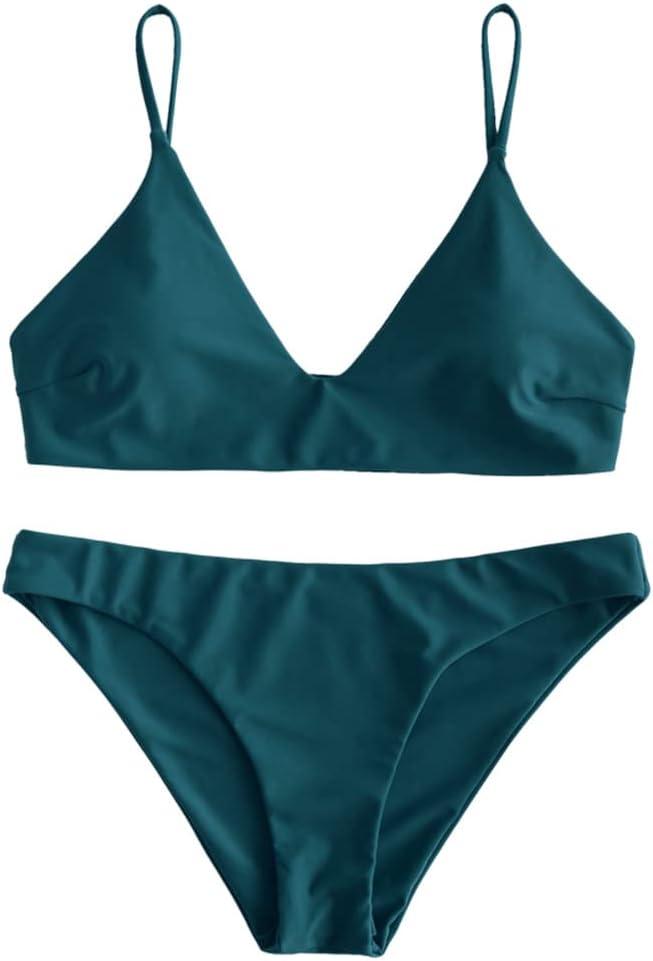ZAFUL Women's Solid Spaghetti Strap Bralette Bikini Set Two Piece Swimsuit (X-Large, 0-peacock Blue)
