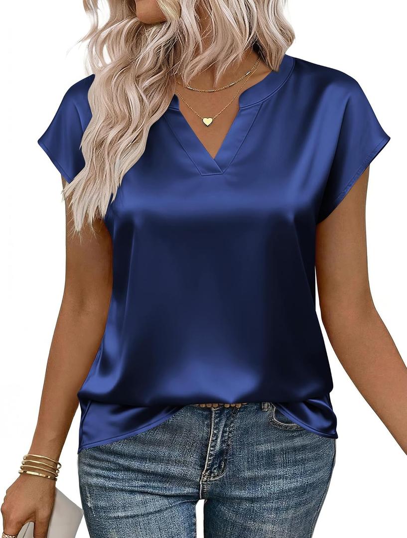 Zeagoo Women Tops Silk Satin Blouses V Neck Summer Shirts Cap Sleeve Business Casual Dressy Spring Clothing (Blue, XL)