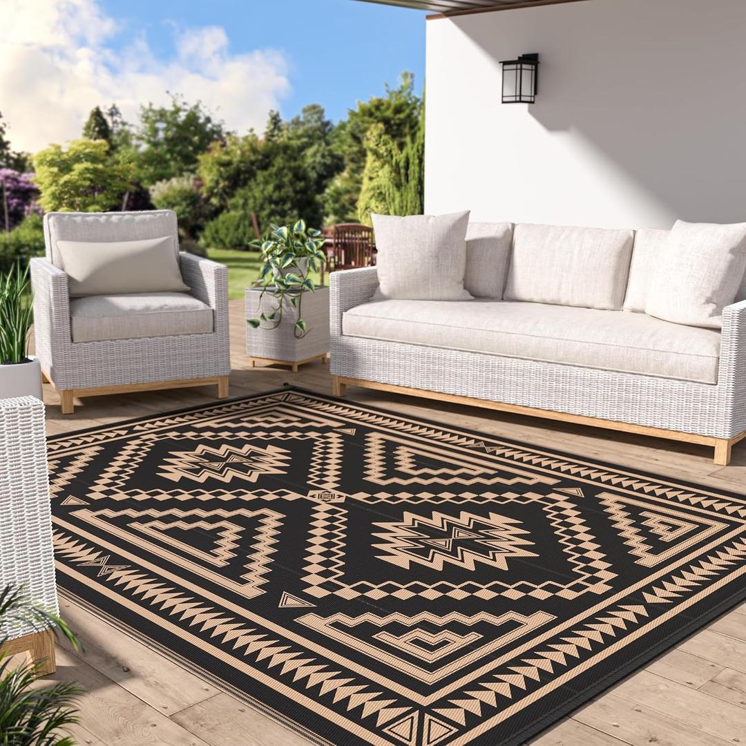 GENIMO Outdoor Rug for Patio Clearance - 8x10 ft Waterproof Plastic Camping Rugs, Reversible Outside Rv Mat Carpet for Porch, Deck, Picnic, Balcony, Beach, Backyard, Black Brown