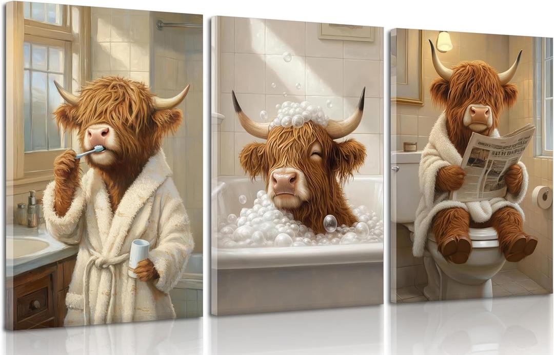 3Pcs Funny Bathroom Highland Cow Canvas Wall Art Animal Bathroom Paintings Pictures Wall Decor Rustic Farmhouse Brown Cute Cow Poster Printing Artwork for Restroom Toilet Home Decoration