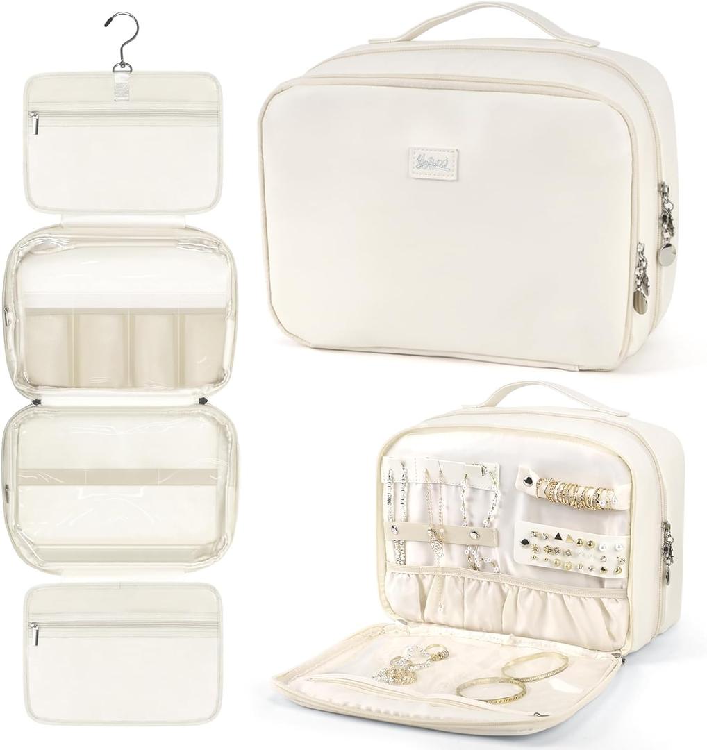 YOPCDJ PU Leather Waterproof Travel Toiletry Bag with Jewelry Organizer, Hanging Travel Bag for Toiletries,Cosmetic Bags for Women Toiletries Organizer with 4 Compartments Portable Travel Essentials (white)