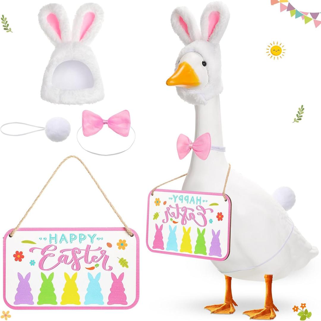Easter Bunny Porch Goose Outfit Goose Statue Clothes with Happy Easter Sign, Bunny Ear Hat and Bowtie Tail for 23" Cement Plastic Gooses, Outdoor Yard Lawn Patio Decor