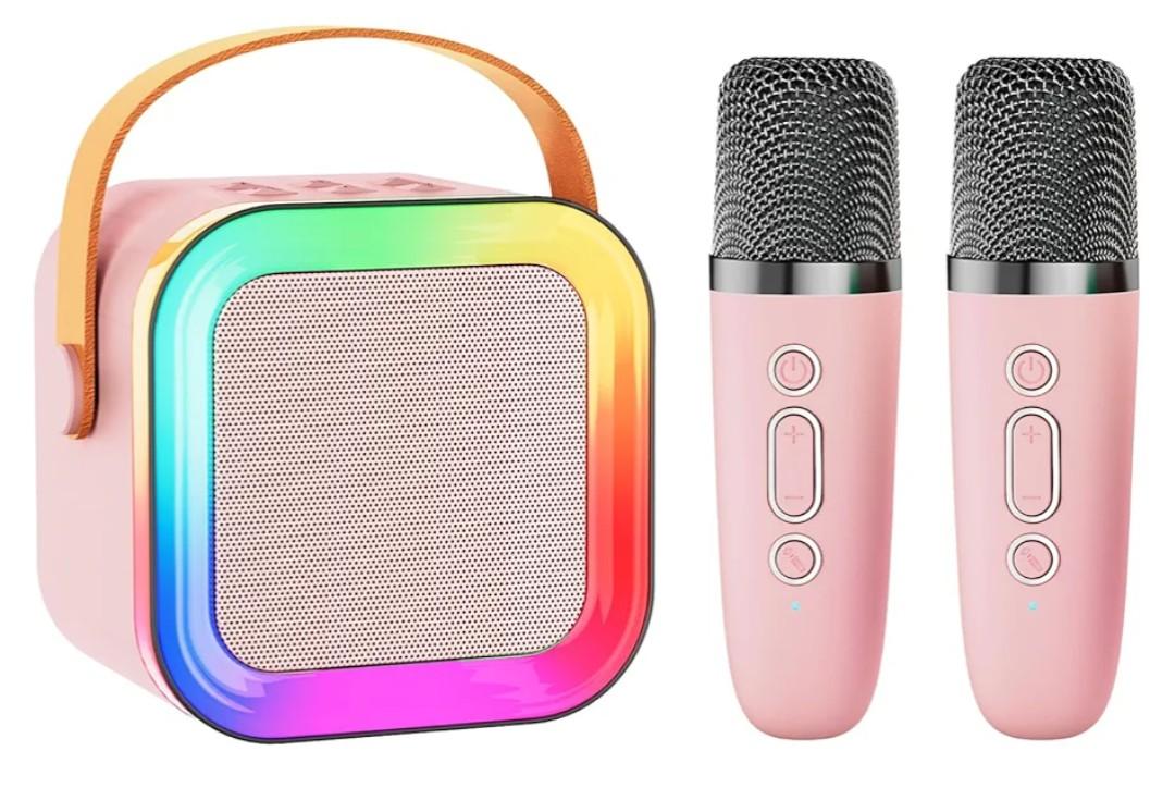 Mini Karaoke Machine Speaker for Kids Adults,Portable Bluetooth with 1-2 Wireless Microphones,Christmas Birthday Gifts Toys Girls Boys Ages 4, 5, 6,7, 8,9,10,11,12+ Years Old Toddler (Pink - 2 Mic)