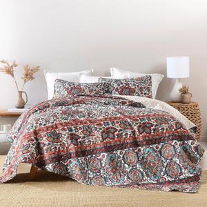 HORIMOTE HOME Boho Quilt Queen Size, Reversible Bohemian Style Twill Strip Floral Quilt Beddding Set, Colorful and Soft Bedspread Full Size Quilt Coverlet for All Season, 2 Pillow Shams (3 Pieces)