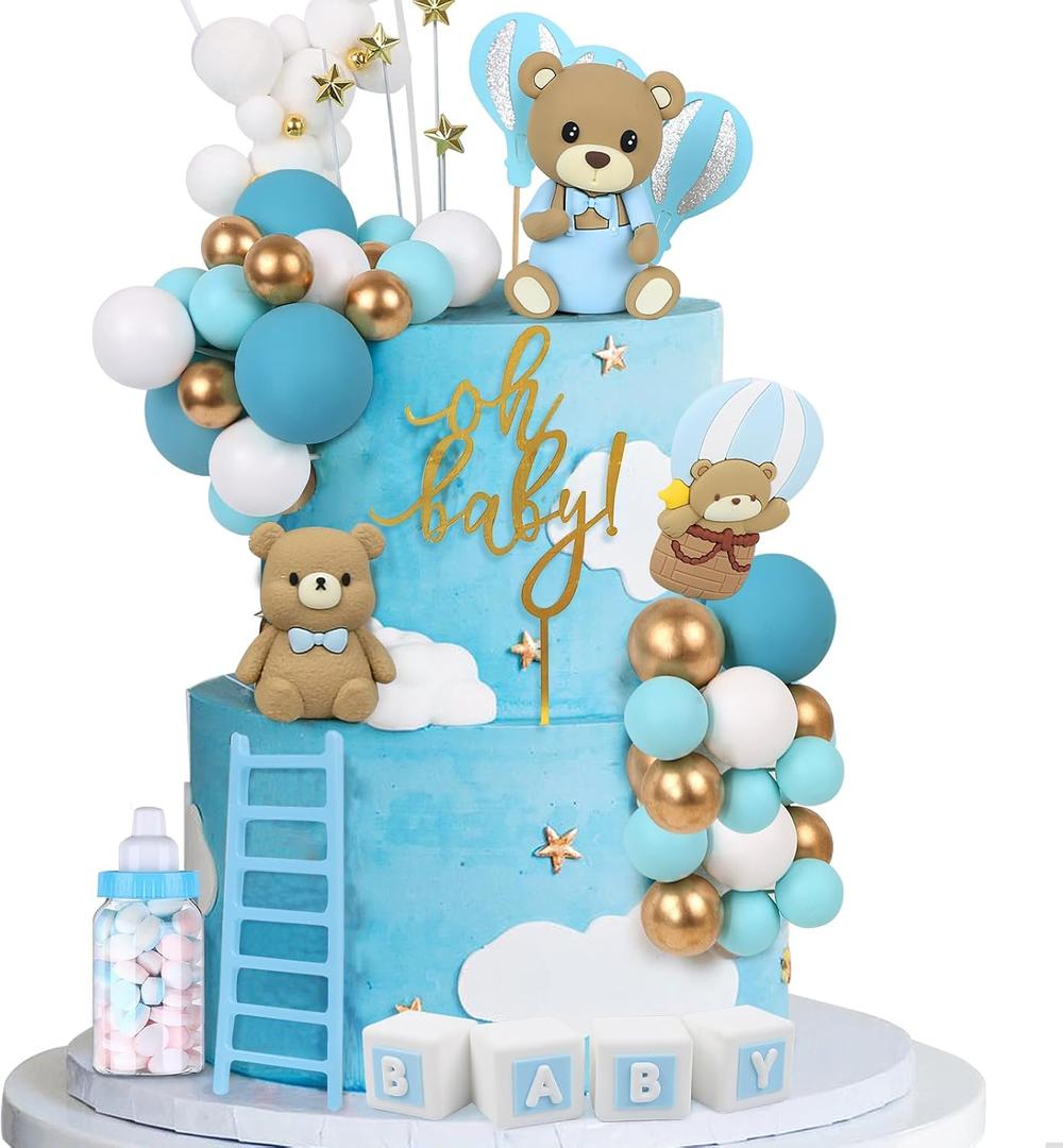 44 PCS Bear Cake Toppers - Mini 3D Bear BABY Letters Milk Bottle Blue Gold Foam Balls Cake Toppers for Boy Girl Birthday Party Baby Shower Cake Decorations
