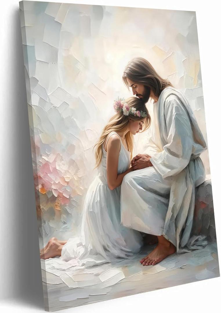 Framed Jesus And Girl Wall Art Modern Christian Praying Oil Poster Prints | Jesus Blessing the Flower Crowned Woman Wall Decor Pictures for Bedroom Church Ready to Hang 12x16in