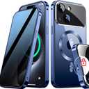 [Full Camera Protection& Mechanical Lock] Magnetic Privacy Case for iPhone 15 [Compatible with MagSafe] [CD Metal Ring] Full Body Shockproof Metal Bumper, 9H Anti Peeping Glass Cover-Blue