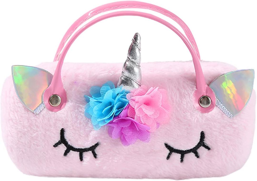 Hifot Plush Hard Eyeglass Case, Makeup Storage Bag Portable Sunglasses Pouch Hard Shell with Handle (Pink)
