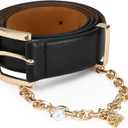 Women's Leather Belt for Jeans Black Belt with Gold Buckle and Chain Fashion Belts for Women