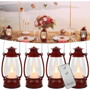 Vintage Red Lantern Decor With Remote Control, 8" Candle Lantern with Handle - Small Hanging Lanterns for Decorative Indoor & Outdoor Use - Perfect for Wedding Centerpiece (7.1 inch)