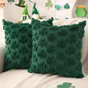 Pillow Covers 20x20 inch Set of 2 St Patricks Day Decorations Green Shamrock Soft Plush Faux Fur Jacquard Throw Pillows for Bedroom Sofa Holiday Festivals Home Decor