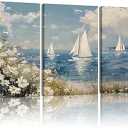 Kdyudo3 pcs Framed Coastal Wildflowers Canvas Wall Art Ocean Sailboat Canvas Print Beach Flowers Seascape Blue Sky and White Flowers Posters Living Room, Bedroom, Country Farmhouse Artwork 12x16 inch
