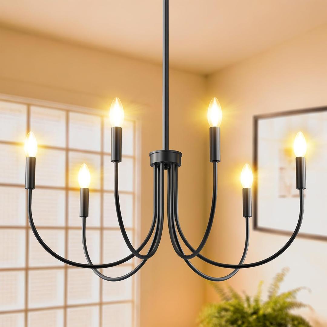 ropelux Dining Room Chandelier, 6-Light Black Farmhouse Light Fixtures Over Table, Hanging Height Adjustable Kitchen Island Lighting with E12 Base (Bulb not Included) for Foyer Bedroom Entryway