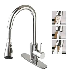 Oersitor Kitchen Faucet with Pull Down Sprayer，Stainless Steel Single Handle Kitchen Faucet，1/3 Hole, Deck Plate Included，Suitable for farmhouses, Campers, Laundry Rooms, RVs, and Bars (Chrome)