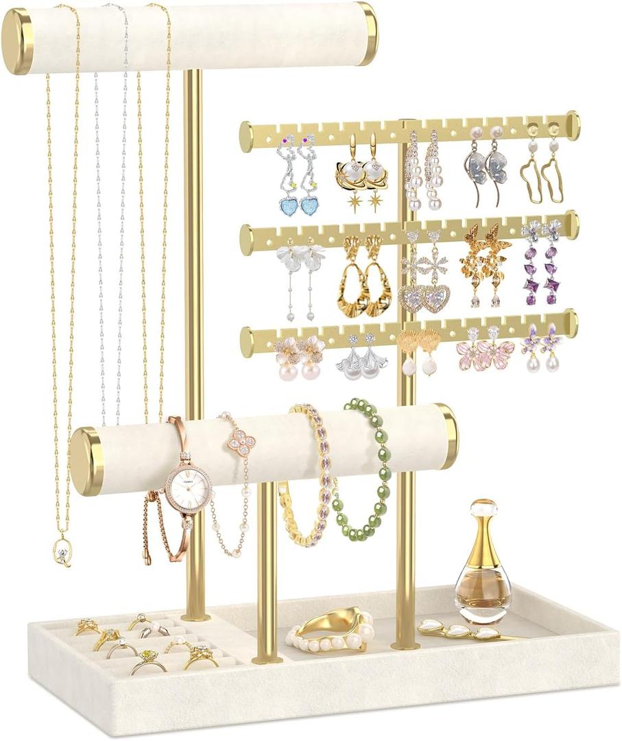 EsLuker.ly Bracelet Holder Earring Display Stand, T Bar Velvet Necklace Organizer Rack with Ring Tray for Vendors Women Selling, Large Capacity Jewelry Tower Tree Tabletop, Effortless Storage