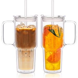 KEMORELA 2 Pack 28oz Double Wall Glass Tumblers with Handle, Lids & Straws  Large Insulated Clear Borosilicate Glass Cups for Iced Coffee, Smoothies, Bubble Tea & Cold Beverages