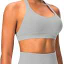 Comper Halter Sports Bras for Women Backless Workout Bra Seamless Open Back Strappy Yoga Bra Crop Top with Removable Cups (Gray, S)