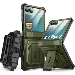 i-Blason for Samsung Galaxy Z Flip 7 Case with Stand, [Tempered Glass Screen Protector] [Hinge Protection] [Belt-Clip], Full-Body Military Protection Phone Case for Samsung Z Flip 7, Armorbox, Green (Guldan)