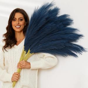 Blue Pampas Grass, 10 PCS 37''/3.1FT Tall Fluffy Fake Pompas Floral, Large Faux Pompous Grass Branches for Floor Vase Fillers, Boho Farmhouse Room Wedding Decor (Blue)