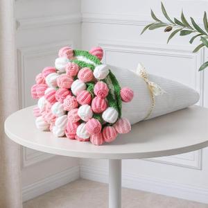 Crochet Flower Bouquet Throw Blanket, 43inch Handmade Knitted Blanket with Rose Flowers, Cute Romantic Gift for Her Girlfriend Mom Mothers Day Valentine Wedding Anniversary Birthday, Pink and White