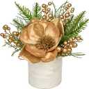 DILATATA 10 inch Gold Christmas Table Centerpiece 5" Glitter Magnolia Flower Berries Fir Greenery Artificial Christmas Floral Centerpiece in Silver Ceramic Pot Christmas Tabletop Arrangement Decor
