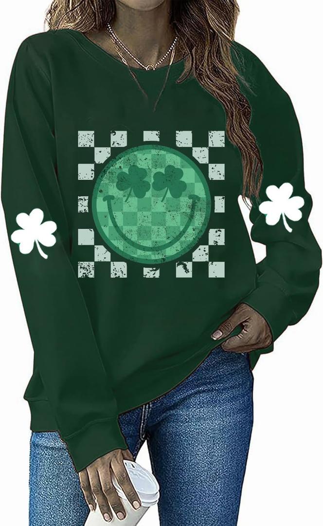 Yimoya St Patricks Day Sweatshirt Women Lucky St Patty Day Shirt Long Sleeve St Patricks Graphic Tops (Small, Green-smile)