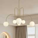 Gold Sputnik Chandelier, 6 Light Mid Century Modern Chandeliers, Dining Room Chandeliers with Milk Glass Globe Shade, Globe Chandelier for Dining Room, Living Room, Bedroom, Foyer, Kitchen