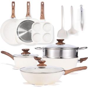 Sweetcrispy 17 Pcs Nonstick Pots and Pans, Non-toxic Kitchen Cooking Set with Stay-Cool Handles, Cream White