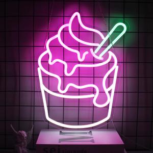 Ice Cream Neon Sign Pink White Sundae LED Neon Lights Signs Cupcake Neon Signs for Business Wall Decor Melting Ice Cream LED Signs for Bedroom Dessert Shop Restaurant Store Bar Decoration