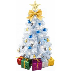 Small White Christmas Tree with Lights - 23 Inch Mini Tabletop Christmas Tree with Warm-White LED Lights, Hanging Ornaments, Decorative Bow and Gift Boxes - Table Tree for DIY Christmas Decoration