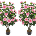 2 Pack 42" Artificial Camellia Tree with 36 Blooming Flowers Faux Floral Trees Tall Plastic Potted Fake Plant for Indoor Outdoor Office Shop Home Room Porch Front Door