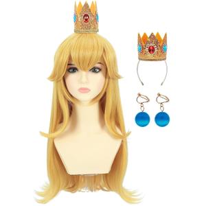 morvally Blonde Princess Synthetic Hair Cosplay Wig with Crown and Earrings Long Wavy Costume Wig Set for Girls Halloween Party (Kids)