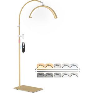 Half Moon Light for Lash Tech, Gooseneck Esthetician Light with Phone Holder for Eyelash Nail Art Tattoos Skincare, Height Adjustable Lash Lamp with 5 Color Temperatures & Brightness Setting (Gold)