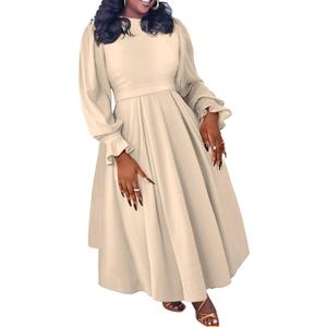 SHINFY Women Fall Plus Size Maxi Dress Casual Long Sleeve A Line Ruffle Pleated Elegant Long Dresses Wedding Cocktail, 1XL