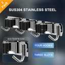 ZONGOOL 2 Pack 3 Racks and 4 Hooks Mop and Broom Holder Wall Mount, Heavy Duty Broom Hanger Organizer Storage Tool Racks Stainless Steel Self Adhesive Wall Hanger for Kitchen Garden Laundry Garage (Silver)