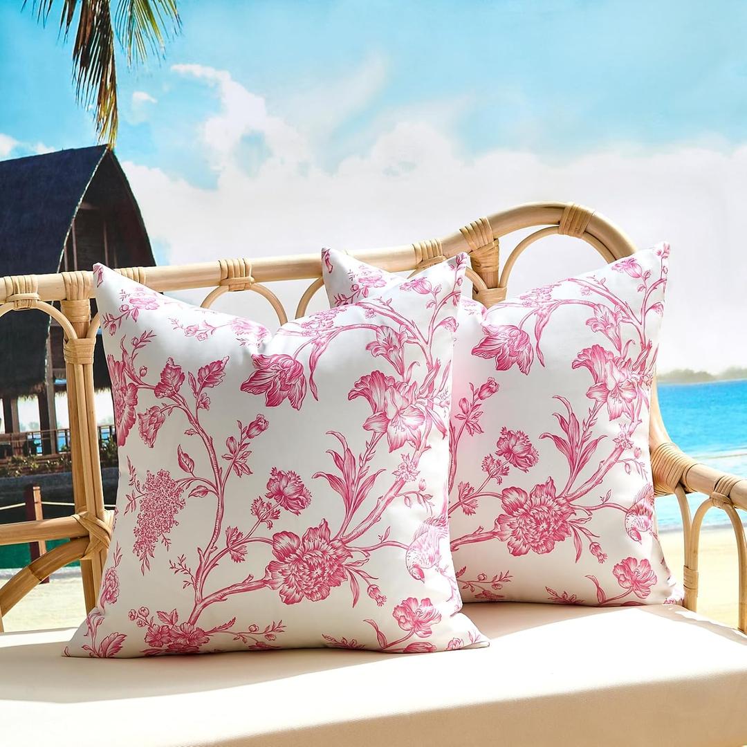 Outdoor Waterproof Throw Pillows Covers Pink Floral 18x18 Inch Vintage Floral Plant Chinoiserie Flowers Decor Pillowcase Set of 2 Cushion Cases for Patio Furniture Couch Bench