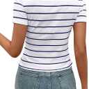 LilyCoco Womens Striped Short Sleeve T Shirts Crewneck Knitted Top Fitted Tee Blue Large (L)