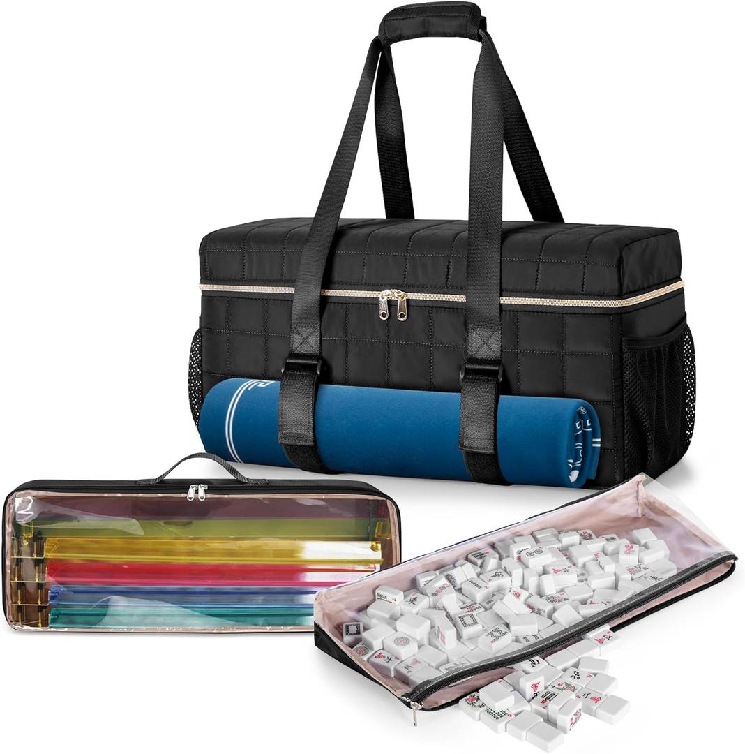 Teamoy 3 Pcs Empty Mahjong Bag, American Mahjong Set Bag with Tiles Bag and Racks & Pushers Bag, Mahjong Tile Set Bag with Game Mat Magic Tape, Black