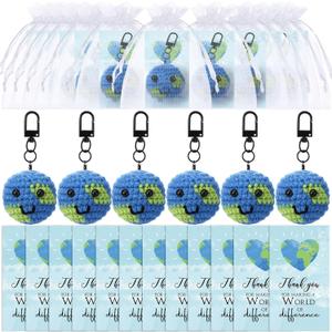 15 Sets Earth Day Inspirational Gift Bulk Mini Handmade Crochet Stress Ball Earth Keychain with Thank You Cards Employee Appreciation Gift for Office Social Worker Volunteer Teacher Nurse
