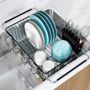 Over the Sink Expandable Dish Drainer Drying Rack In Stainless Steel for Small Kitchen, Counter Space Saving Modern Compact Metal Above Plate Dryer Strainer, Adjustable Hanging Inside Drain Holder