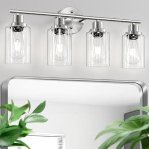 4-Light Bathroom Vanity Lights, Brushed Nickel Vanity Light with Clear Glass Shade, Bathroom Light Fixture Over Mirror, Wall Lamp Over Mirror, Nickel Vanity Lights for Bathroom Bedroom, E26